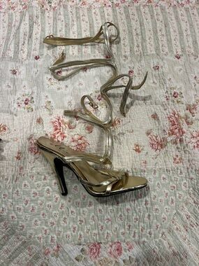 Gold Strappy Gladiator High Heel Sandals with Ankle Wrap